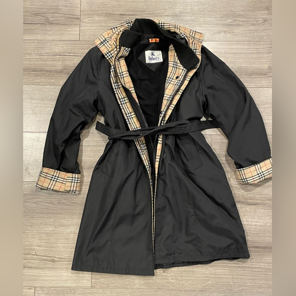 Burberry Black Trench Coat with Plaid Accents